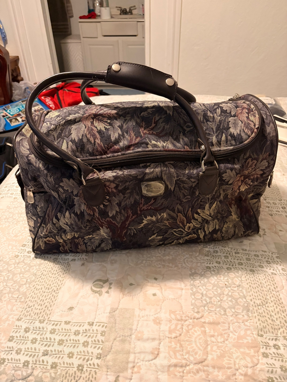Floral Tapestry Travel Duffel Bag in Multicolor with Dark Brown Trim